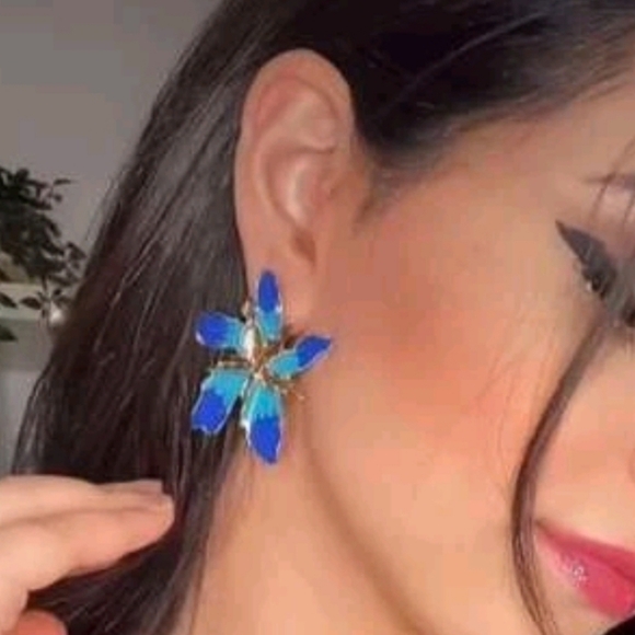 Gold Flower statement Flower Earrings Blue teal Boho Big Floral Stud 💖2/$30 - Picture 8 of 10
